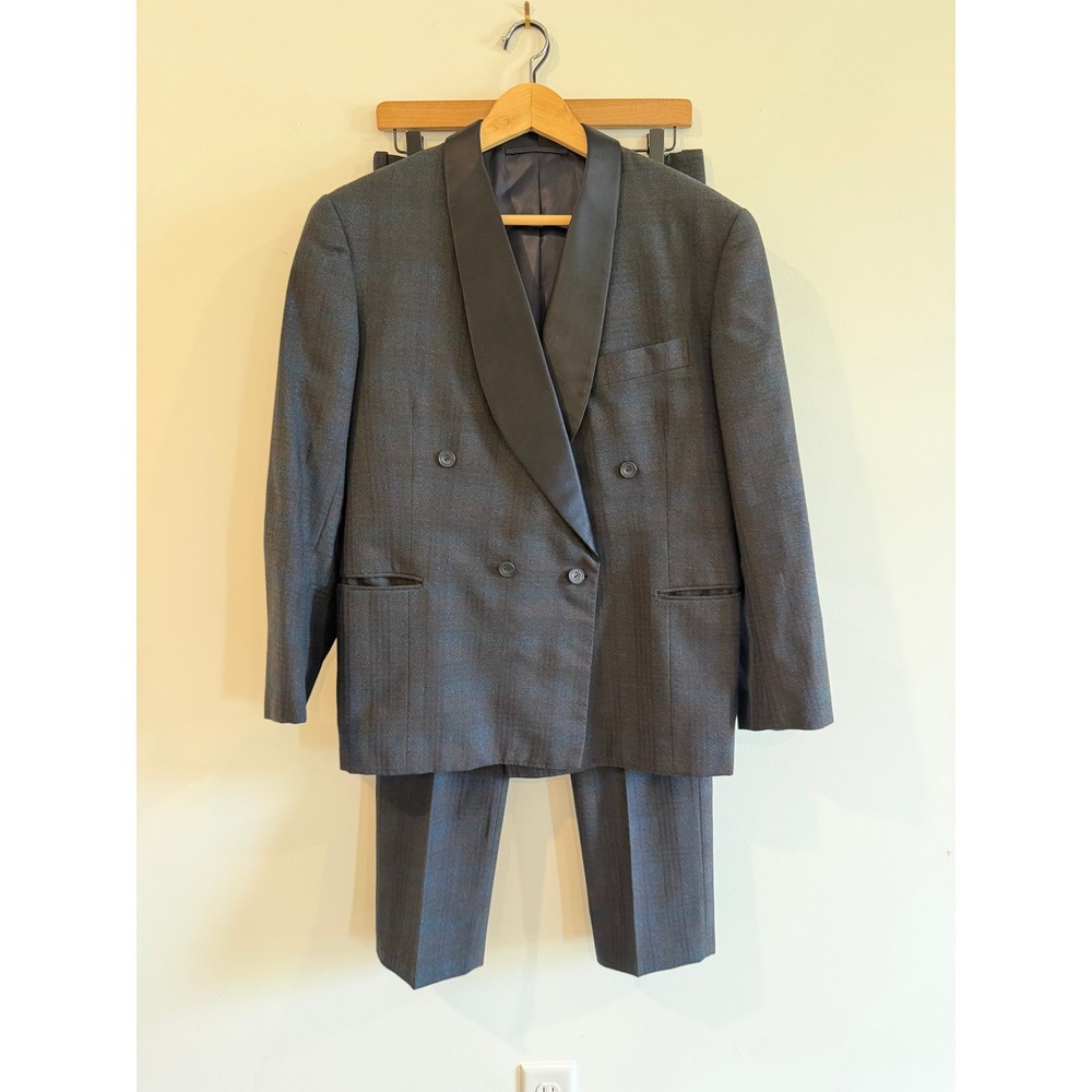Renzo Mens Double Breasted Tuxedo Suit 38S Charcoal Grey Plaid Satin Shawl Lapel
